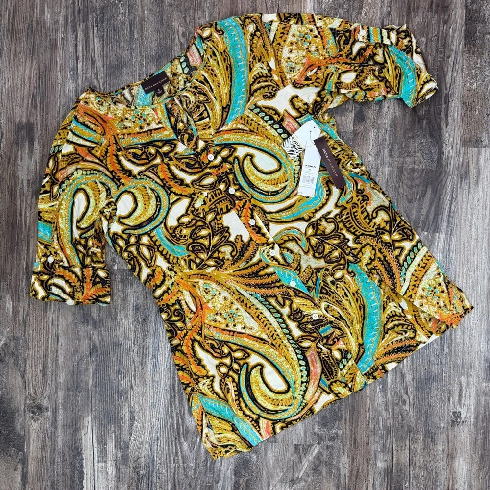 Dana Buchman Women’s Size XL Gold and Blue Paisley Button Top NWT - Picture 2 of 9